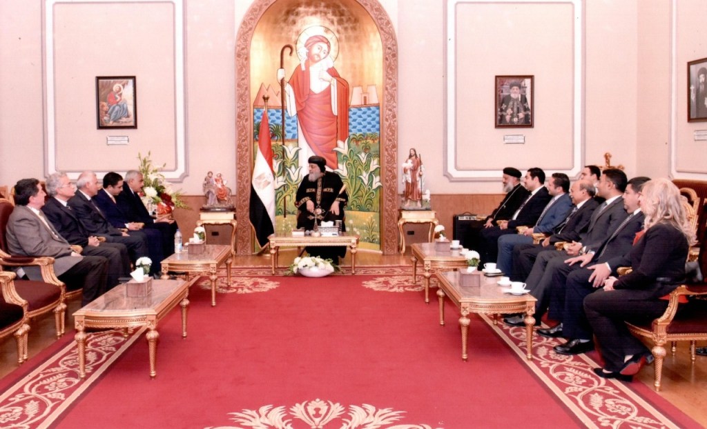 Pope Tawadros II receives Hesham Talaat Moustafa 